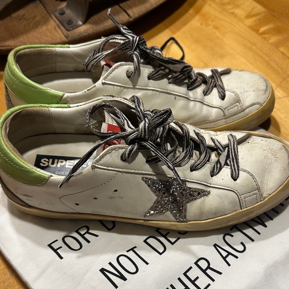 Golden Goose White and Green Star Sneakers